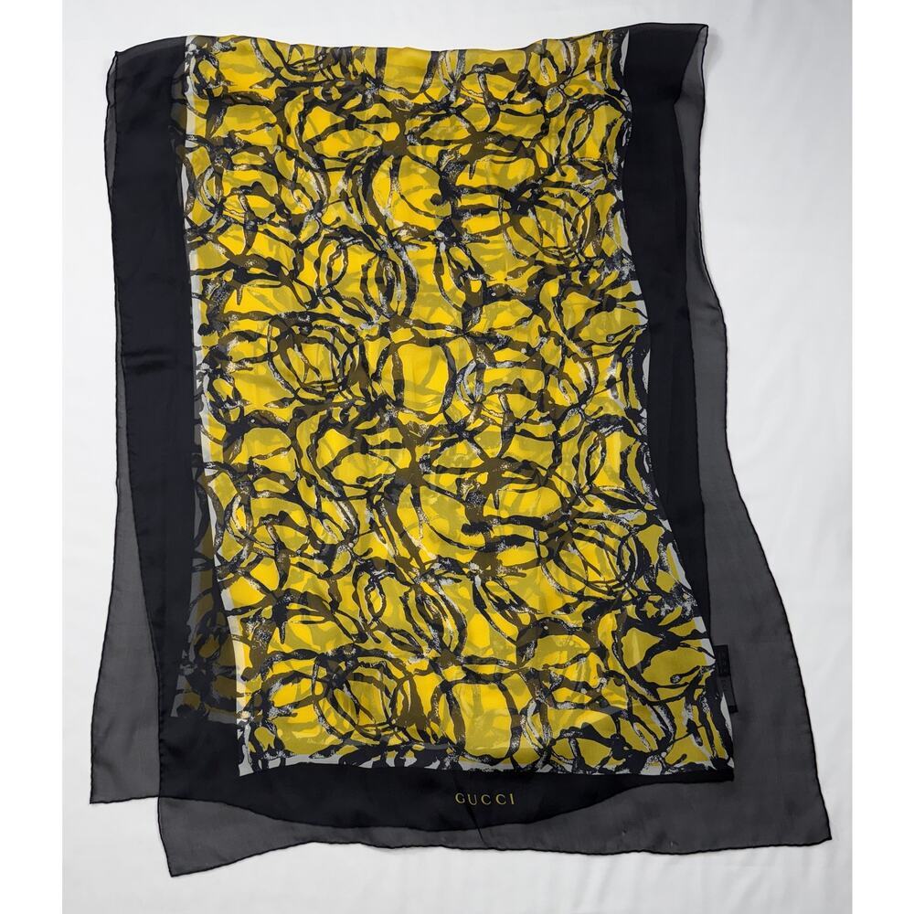 Gucci silk chiffon scarf in yellow and black with a geometric print 25"x70" - Picture 3 of 11